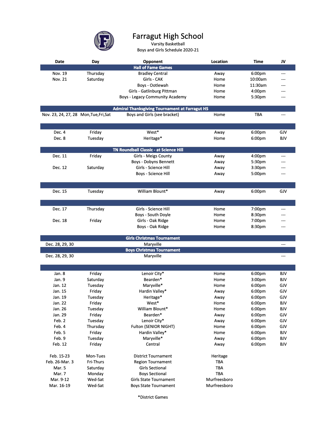Farragut High School 2020-2021 Basketball Schedule