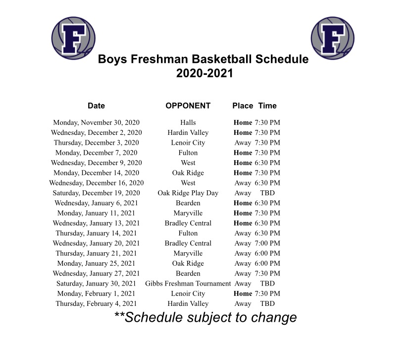2020-2021 Freshman Boys Schedule